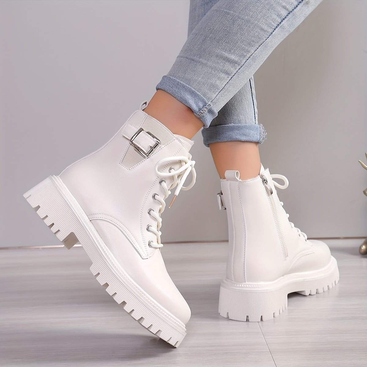 Women'S Fashion Ankle Booties - Mid Heel Platform Boots, Solid Color, Round Toe, Zipper Closure, Man-Made Upper, Fabric Inner & Insole, PU Sole, with Belt Buckle Detail