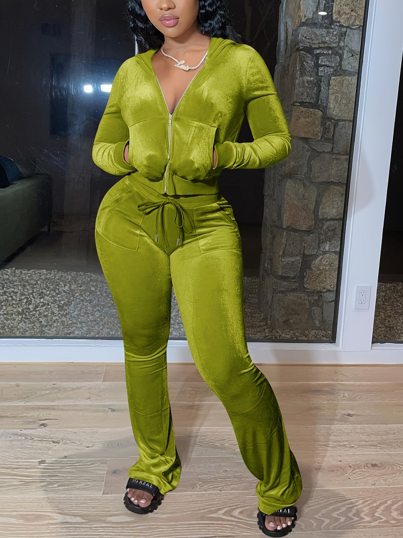 European And American Women's Fashion Casual Solid Color Velvet Hooded Two-piece Set