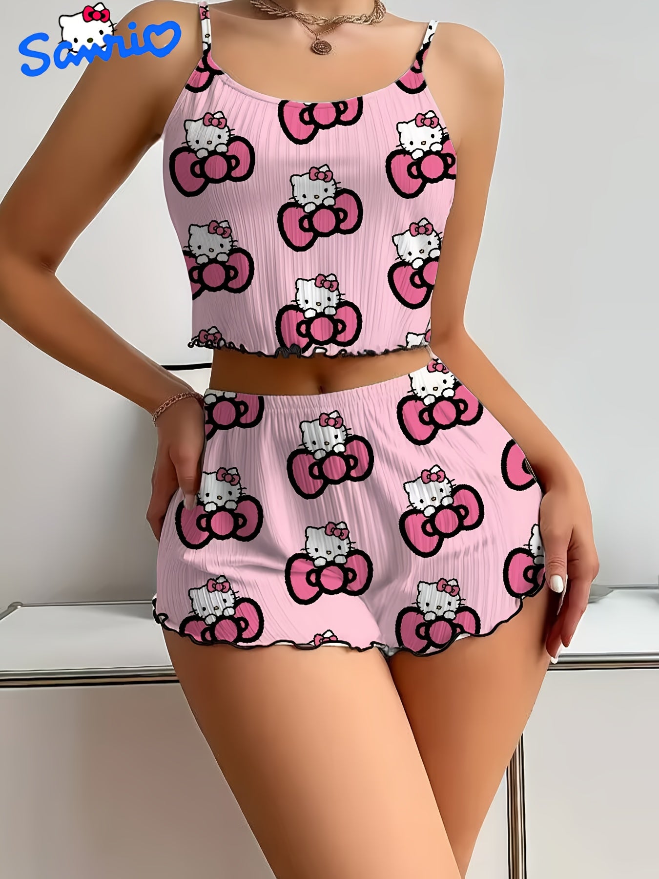 Sanrio for hello kitty Women'S Shorts Set - Elegant Off-Shoulder, Cartoon Print, Polyester Knit Pajamas with Ruffle Detail, All-Season Comfort, Adult Sleepwear, Shorts Set|Playful Print|Polyester Fabric