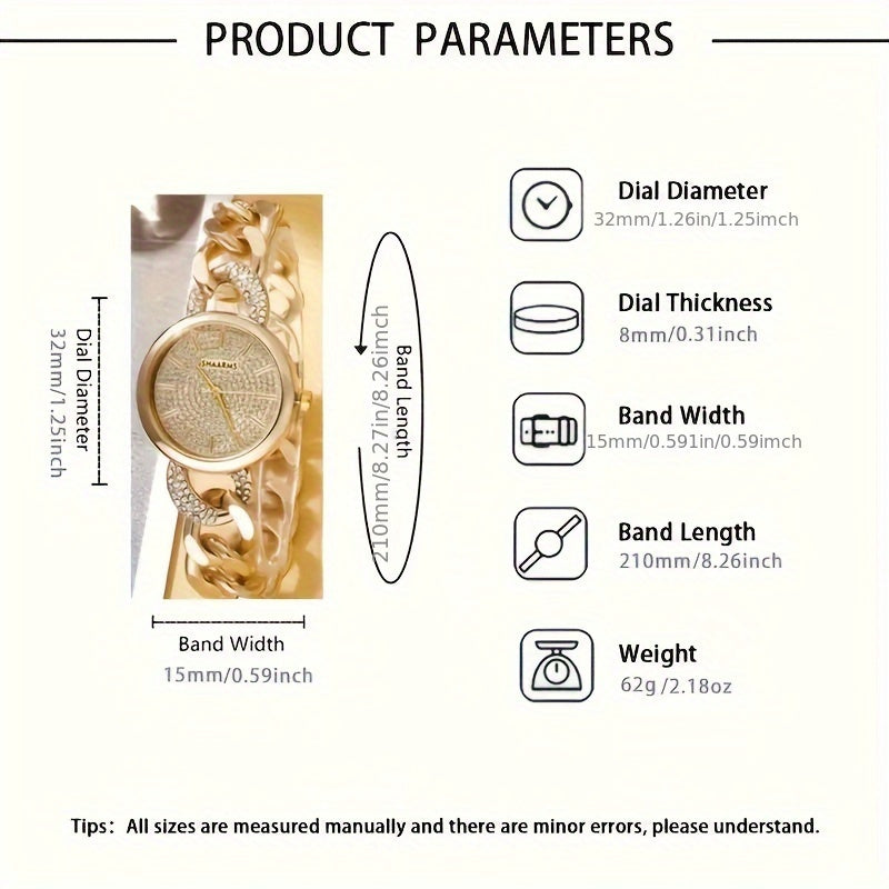 2pcs Elegant Women's Golden-Toned Quartz Watch with Sparkling Rhinestone Dial & Chunky Chain Bracelet Set - Perfect Fashion Gift for Her, Women's Fashion Accessory|Coordinated Outfit|Alloy Construction