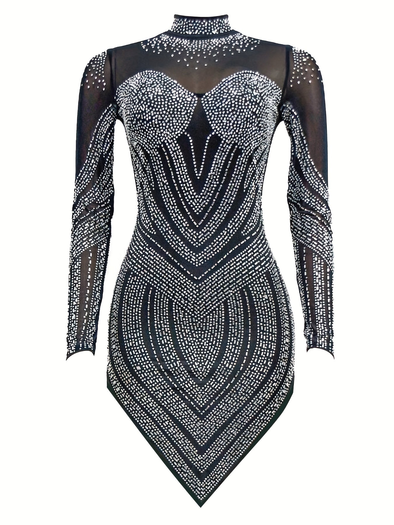 Rhinestone Semi-Sheer Dress, Sexy High Neck Long Sleeve Bodycon Party Dress, Women's Clothing