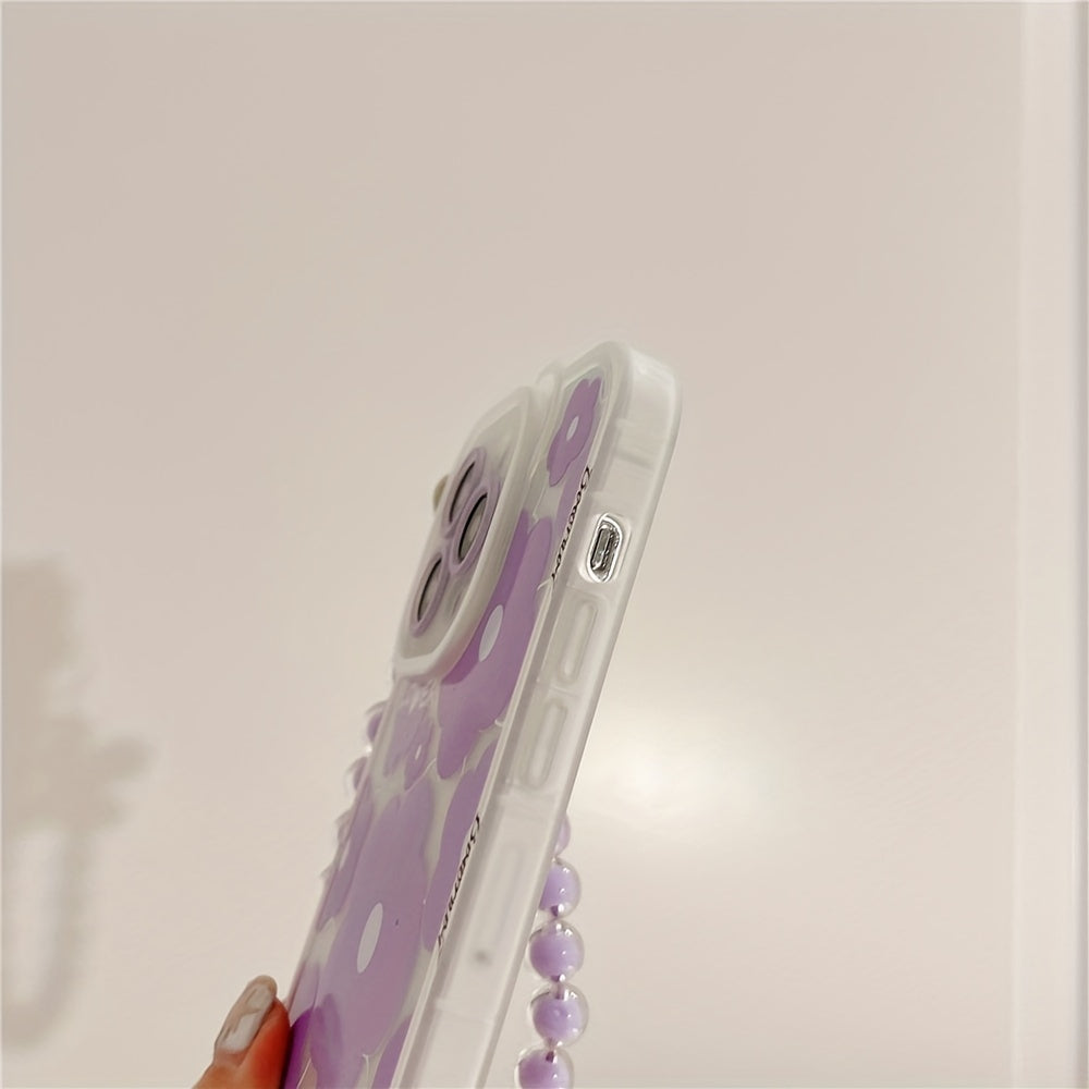 Luxury Cute Transparent Purple Bear Ear Egg Flower Soft Phone Case for iPhone 11 14 Pro Max 12 Pro 13 11 Pro Max 7 8 Plus Clear Cover with Flower Chain Lanyard