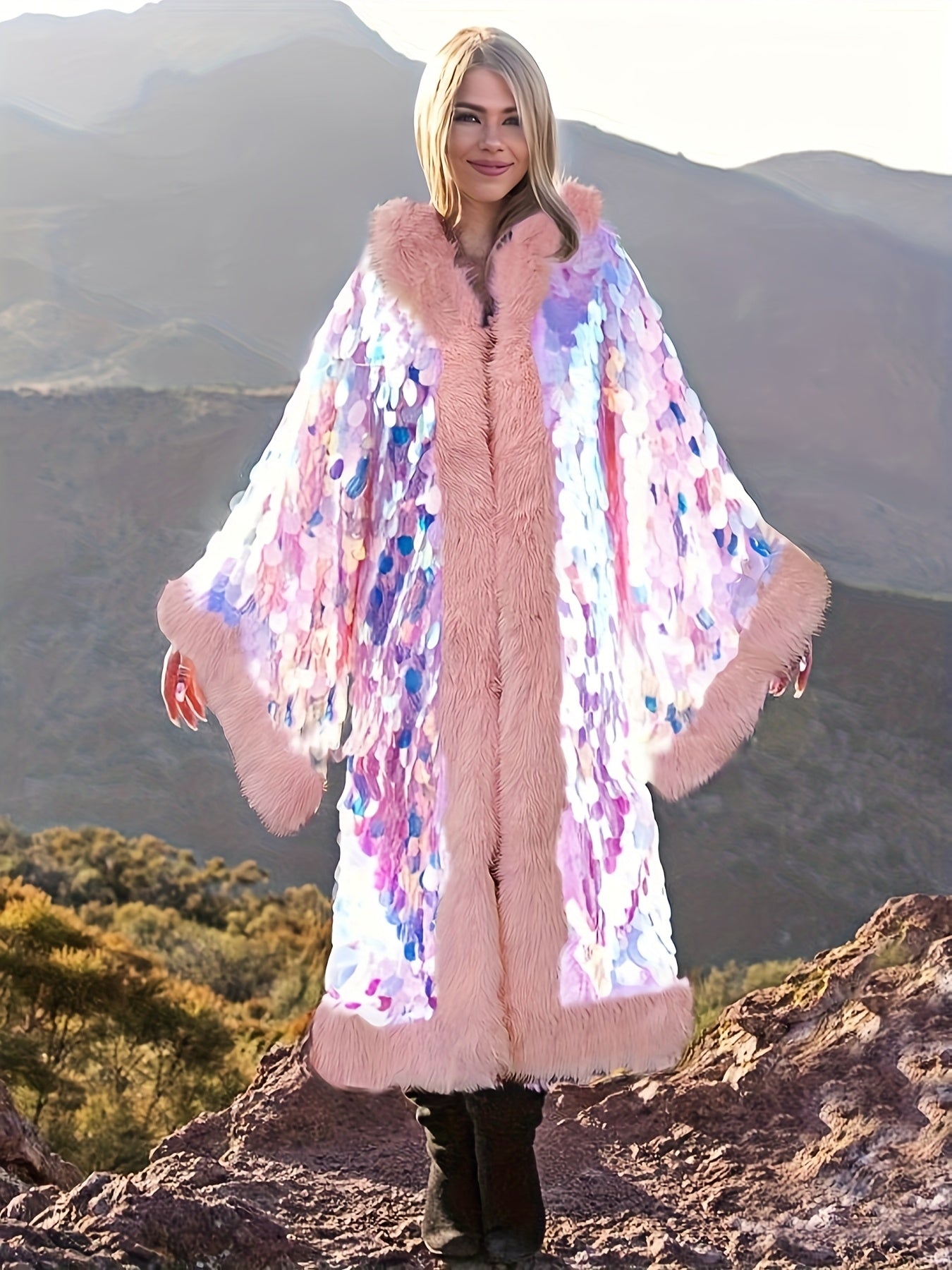 Women's LED Sequin Faux Fur Coat - Long Hooded Festival & Cosplay Outfit, USB-Powered, Flare Sleeves, Mermaid Tail Design, Vibrant Pink to Blue Gradient (Batteries Not Included), Cosplay Costume | Sequin Embellished | LED Lit
