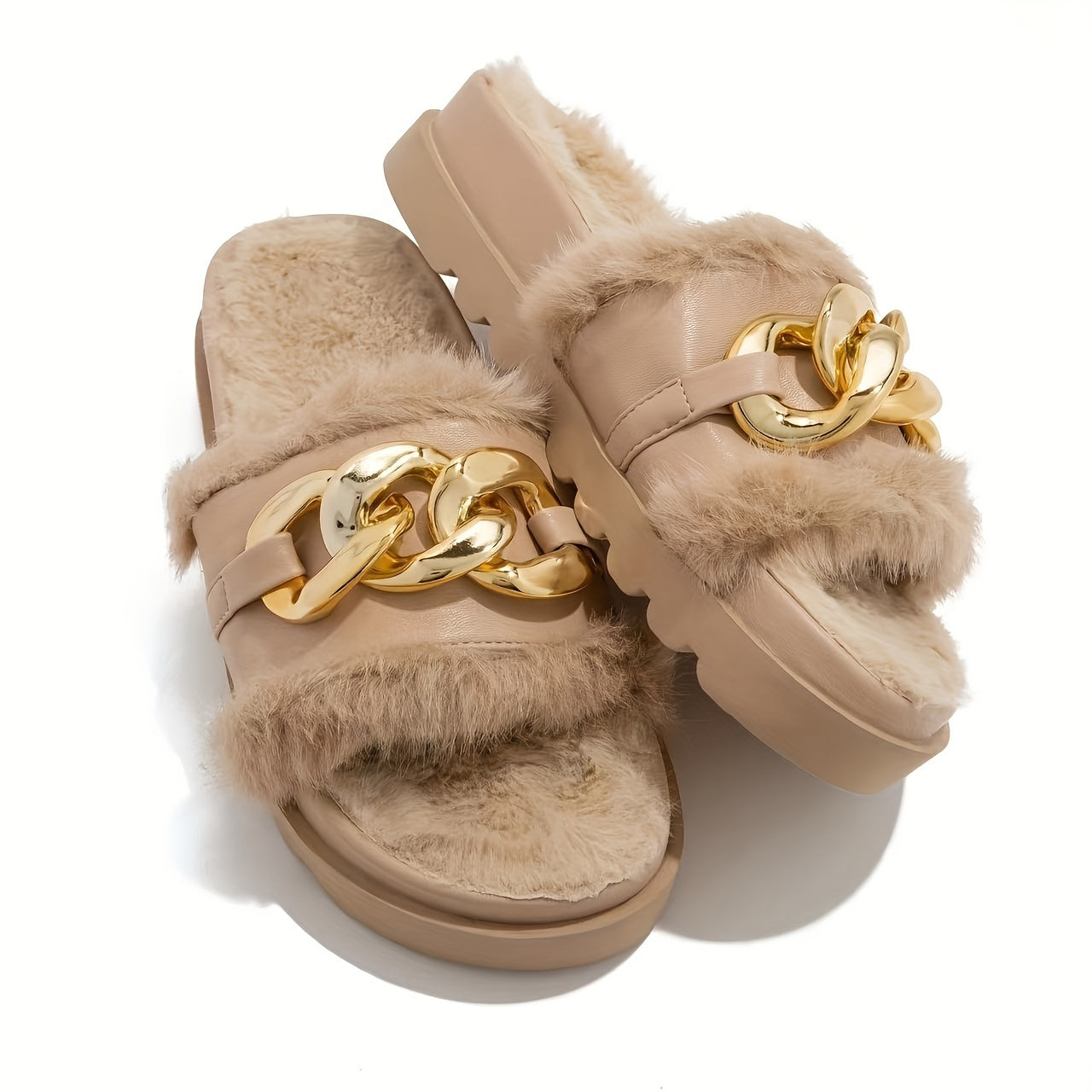 Womens Cozy Woolen Open Toe Slippers - Ultra-Soft Plush Lining, Thick and Warm Flat Sole, Elegant Golden Chain Accent - Perfect for Autumn and Winter Home Lounging