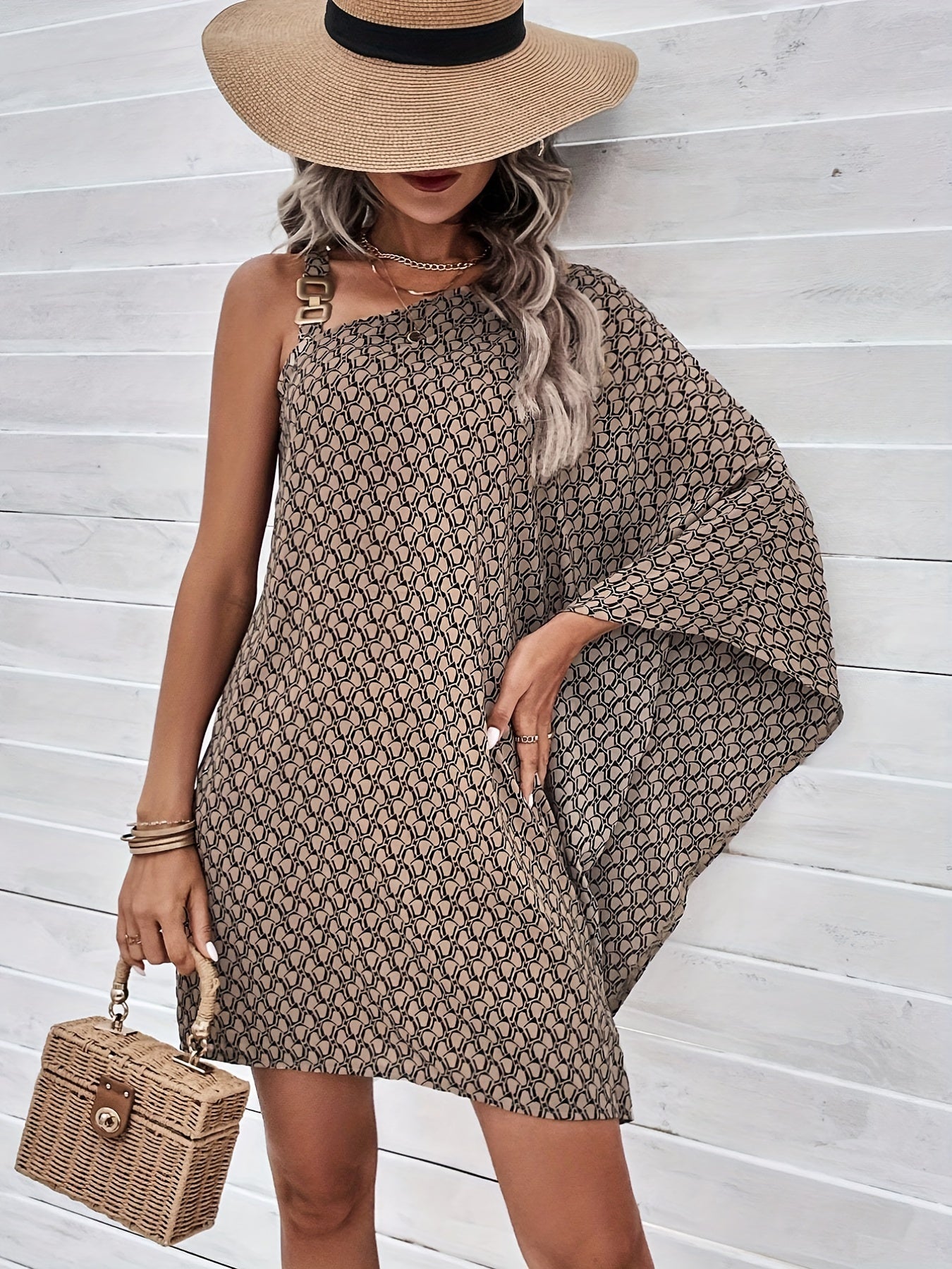 Allover Print Asymmetrical Dress, Casual Batwing Sleeve Chain Dress, Women's Clothing