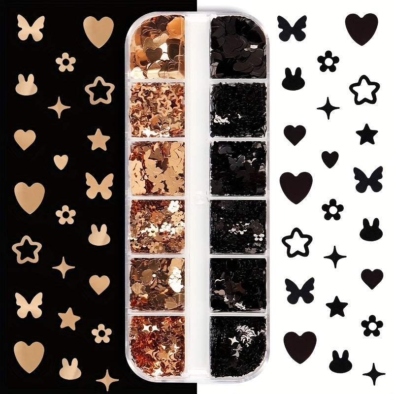 Yanyniu 12-Grid Butterfly & Floral Nail Glitter - Black, Golden & White Mix | Sparkling Rabbit & Flower Designs for Nail Art Decoration