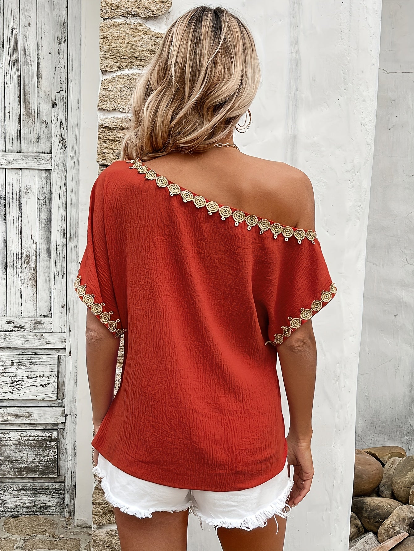 Elegant One-Shoulder Golden Lace Trim Blouse for Women - Stylish Red Off-Shoulder Top with Knot Detail, Breathable Polyester, Perfect for Spring/Summer Outfits