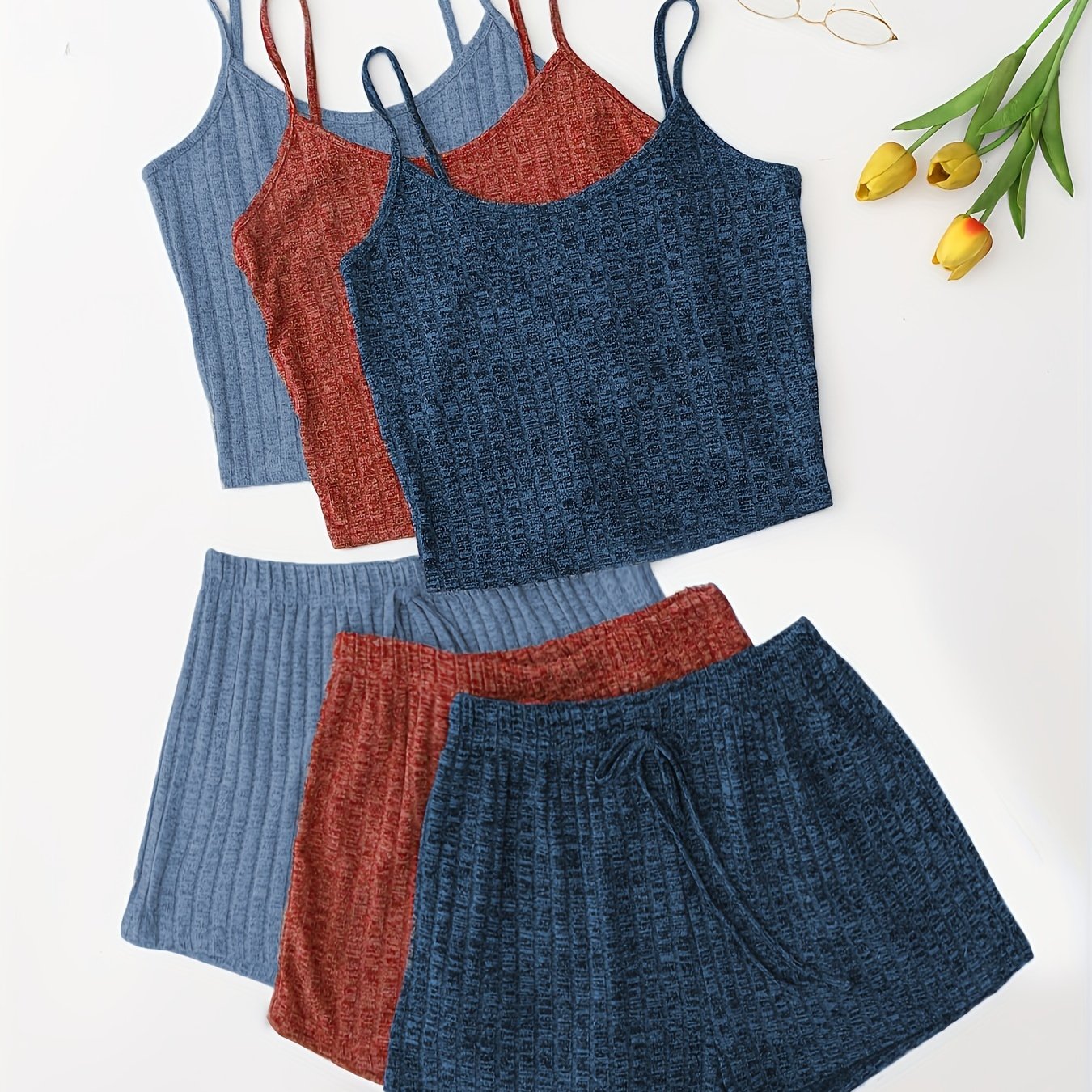3 Sets Solid Pajama Set, Round Neck Cami Top & Lace-up Shorts, Women's Sleepwear & Loungewear