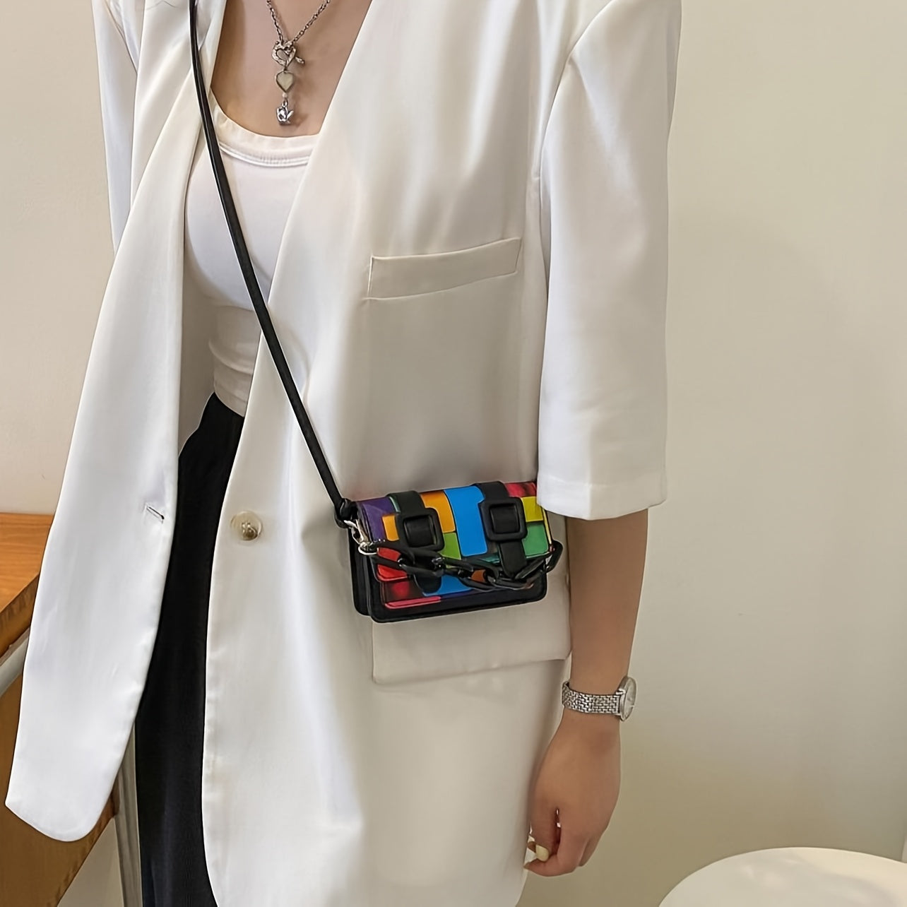 Color Block Mini Acrylic Chain Crossbody Bag - Vibrant Rainbow Pattern, Adjustable Strap, Magnetic Closure, Black Faux Leather, Stylish Accessory|Chain Strap Bag|Magnetic Closure Bag