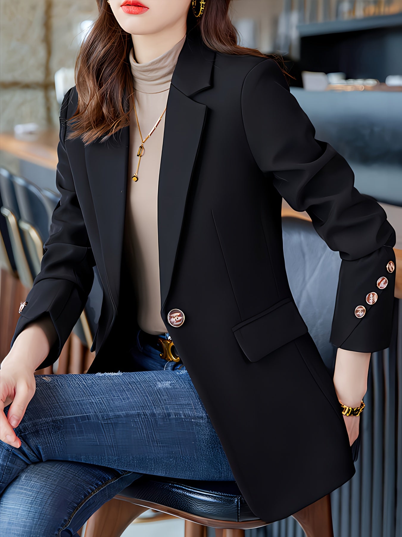 Elegant Long Sleeve Notched Collar Button Front Blazer for Office & Work, Women's Clothing