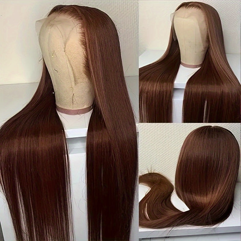 250% Density Silk Straight Wigs 100% Brazilian Human Hair 13*6 HD Transparent Lace Deep Parting Pre Plucked Natural Hairline Chocolate Brown Straight Human Hair #4 Color Wig Suitable For All Women