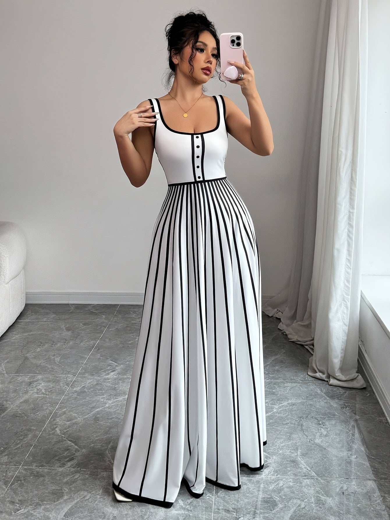 Elegant Striped Sleeveless Maxi Dress for Women - Square Neck, Button Detail, Black & White Vertical Stripes, Flowy Design, Machine Washable, Perfect for Casual or Chic Outfits