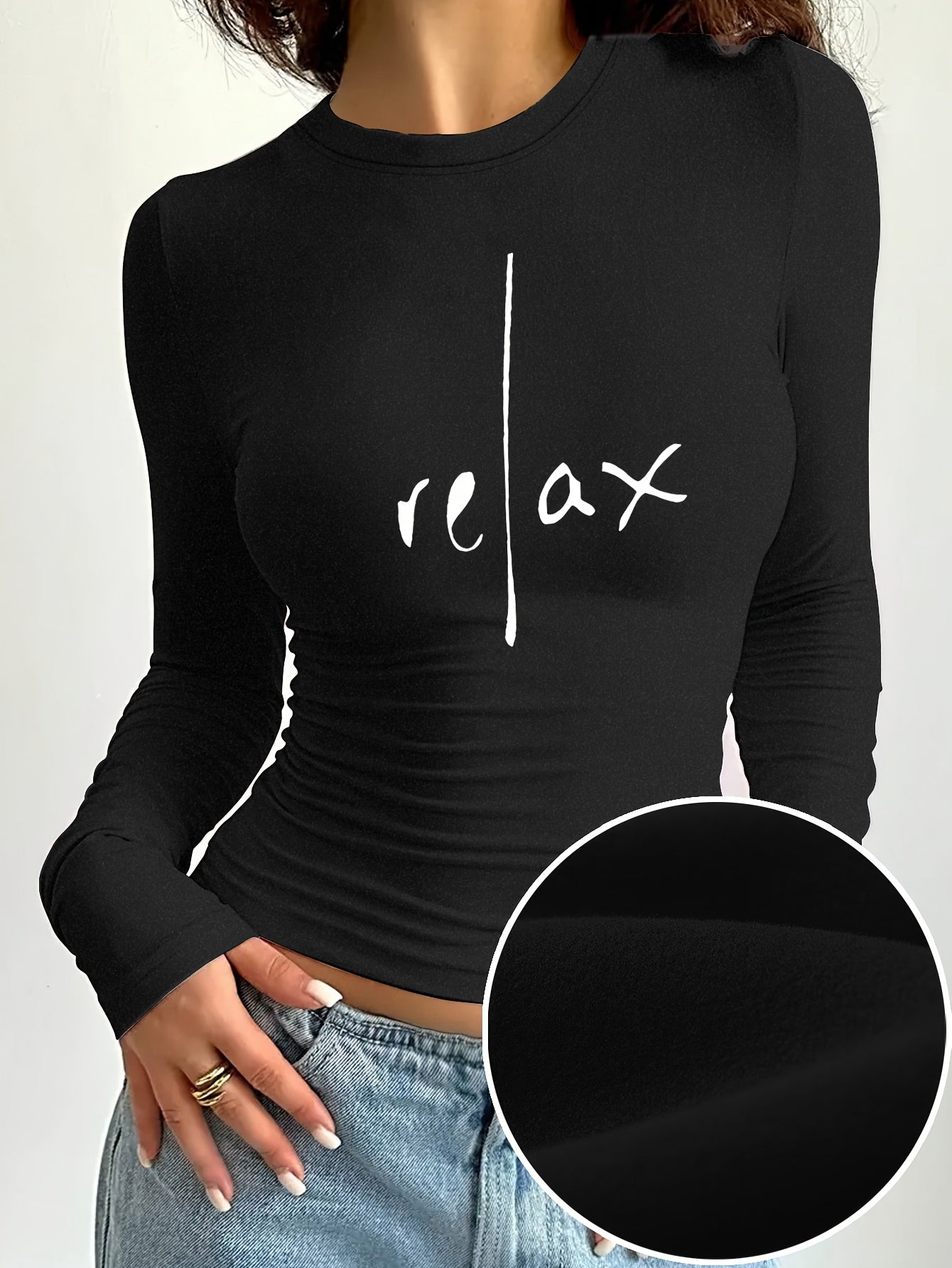 Women'S Elegant Long Sleeve Crew Neck T-Shirt with "Relax" Letter Print, Knit Polyester Blend, Skinny Fit, Short Length, Medium Stretch, Fall/Winter Casual Layer Top