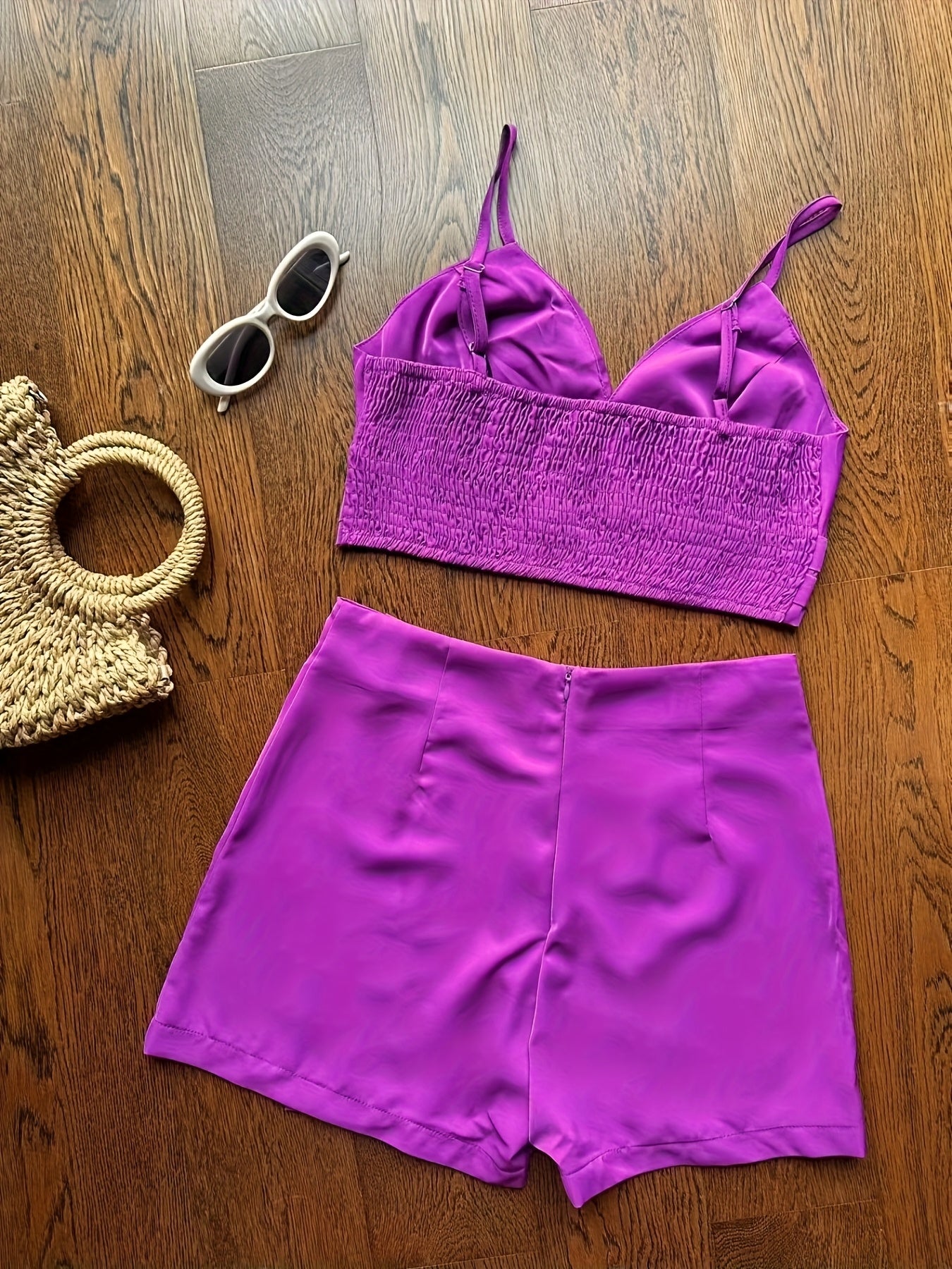 Women'S Elegant V-Neck Sleeveless Crop Top & High-Waisted Shorts Set - Vibrant Fuchsia Polyester with Button Detail, Golden Chain Strap & Clutch for Spring/Summer Casual Vacation Outfits, Vacation Outfit | Stylish Button Deta