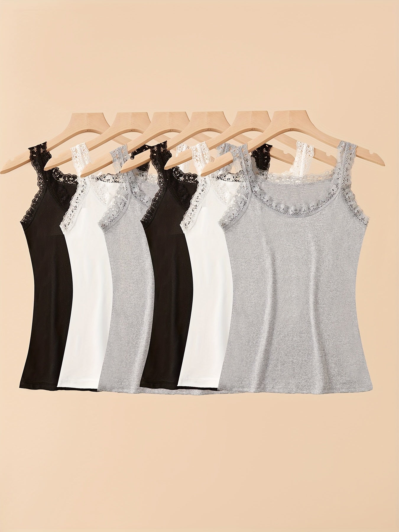 6pcs Autumn & Winter Thin Sleeveless Solid Lace Trim Vest, Versatile Crew Neck Vest Top, Women's Lingerie