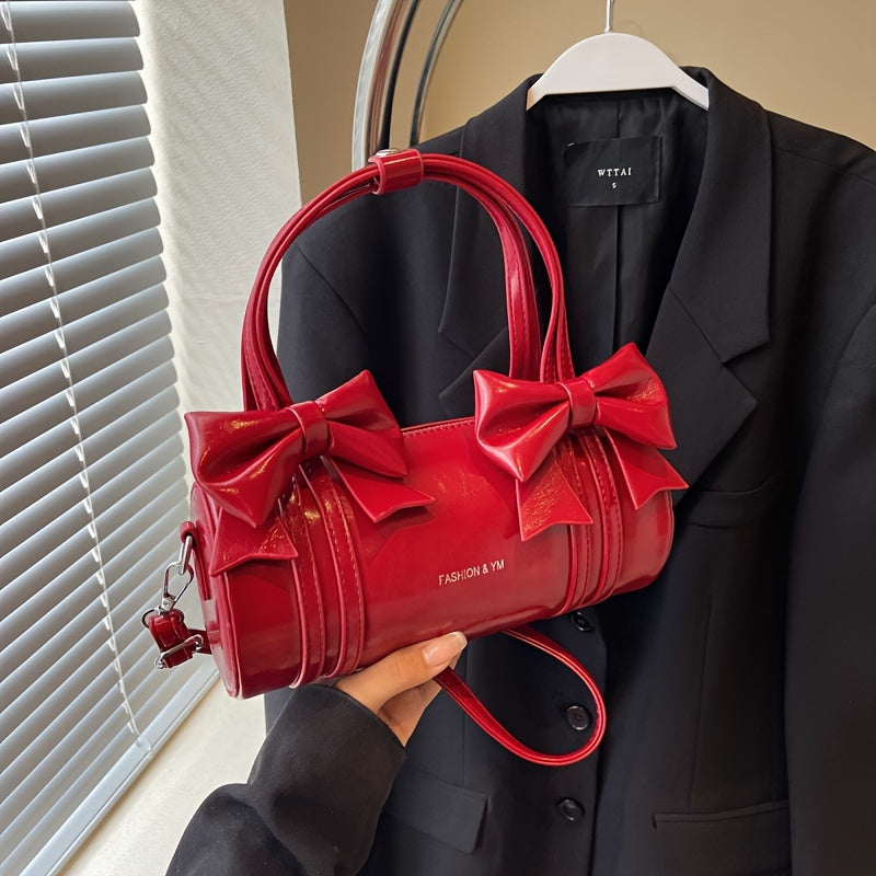[Chic Appeal] Stylish Black Bow Tie Handbag - Large Capacity Crossbody Bag with Detachable Shoulder Strap, Elegant Glossy Finish & Polyester Lining, Crossbody Purse