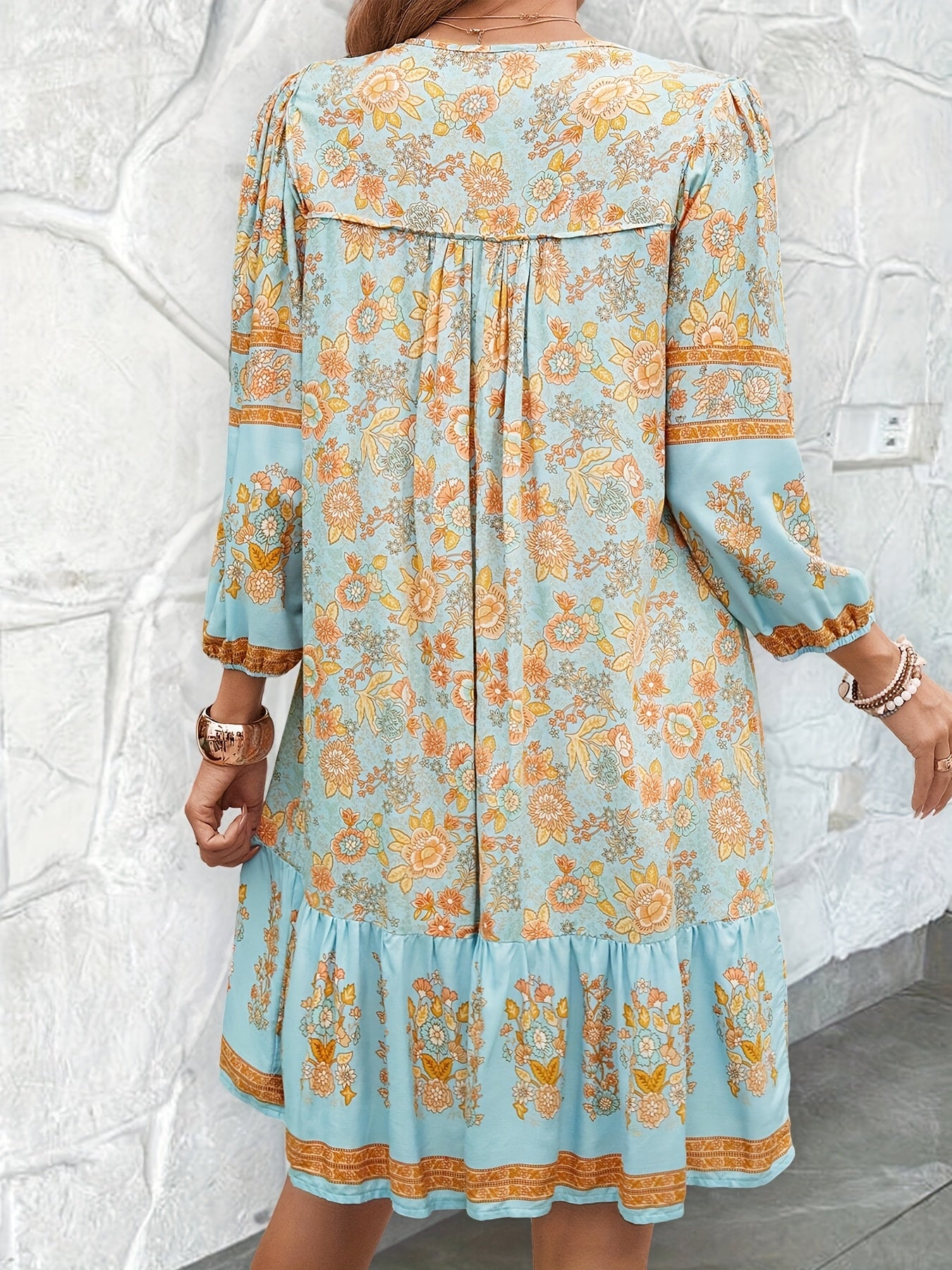 Plus Size Women'S Floral Print Tie Neck Ruffle Hem Loose Casual Spring And Summer Outing Dress