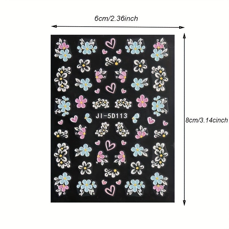 2sheets 5D Embossed Flower Nail Stickers Pink Blue Petals Butterfly French Line Acrylic Spring Summer Floral Slider Nail Decor Nail Art Supplies