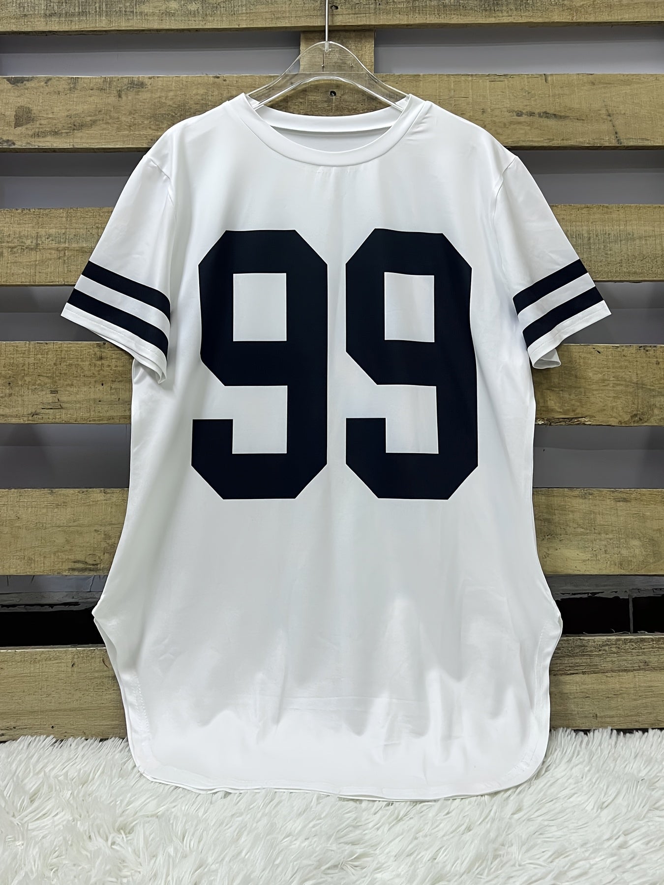 Women's Casual Longline T-Shirt with Bold '99' Graphic Print - Vibrant Blue Relaxed Fit, Mid-Stretch Machine-Washable Fabric for All-Season Comfort, Cute T Shirts, Everyday Clothing, Sporty Aesthetic, Stretchy Material