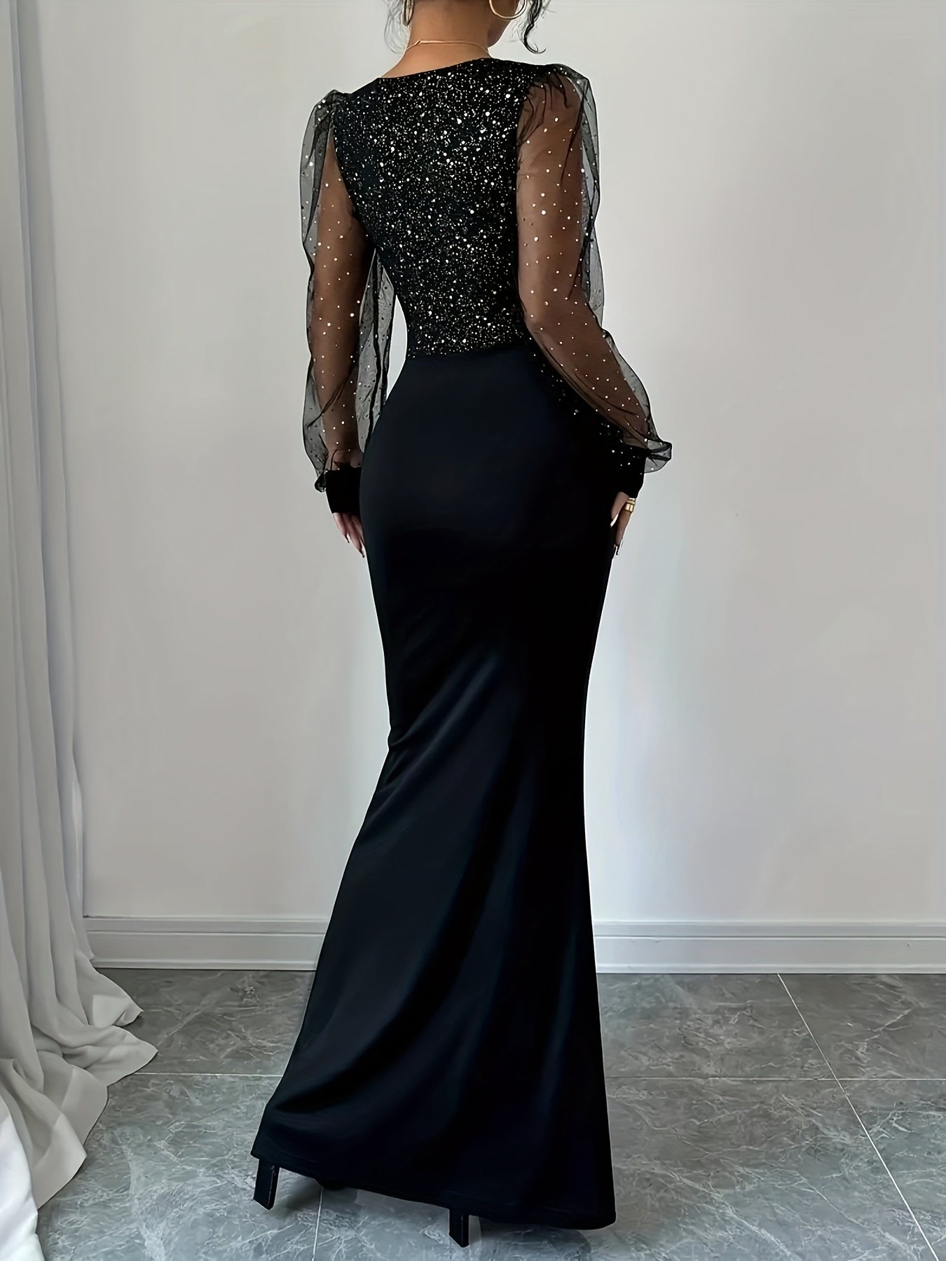 Elegant Women'S Deep V-Neck Sequin Mesh Panel Lantern Sleeve Bodycon Midi Dress with Side Slit - Chic Black for All Seasons, Elegant Event Wear|Elegant Lantern Sleeves|Slippery Fabric, Sequin Detailing