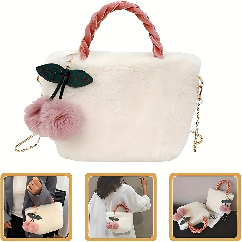 1pc Women's Preppy Synthetic Crossbody Bag With Detachable Chain Strap, Buckle Closure, Wristlet and Plush Cherry Pendant - Unlined, Edge Painted, Perfect for Gifts and Birthdays | Removable Strap | Dry Clean Only