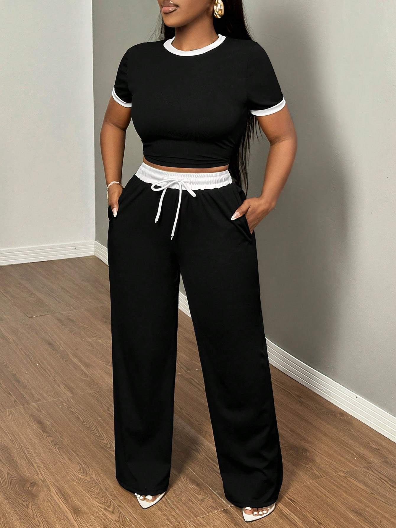 Round Neck Contrast Color Fashion Commuting Wearable Short Sleeve Wide Leg Pants 2pcs Women's Pajama Set