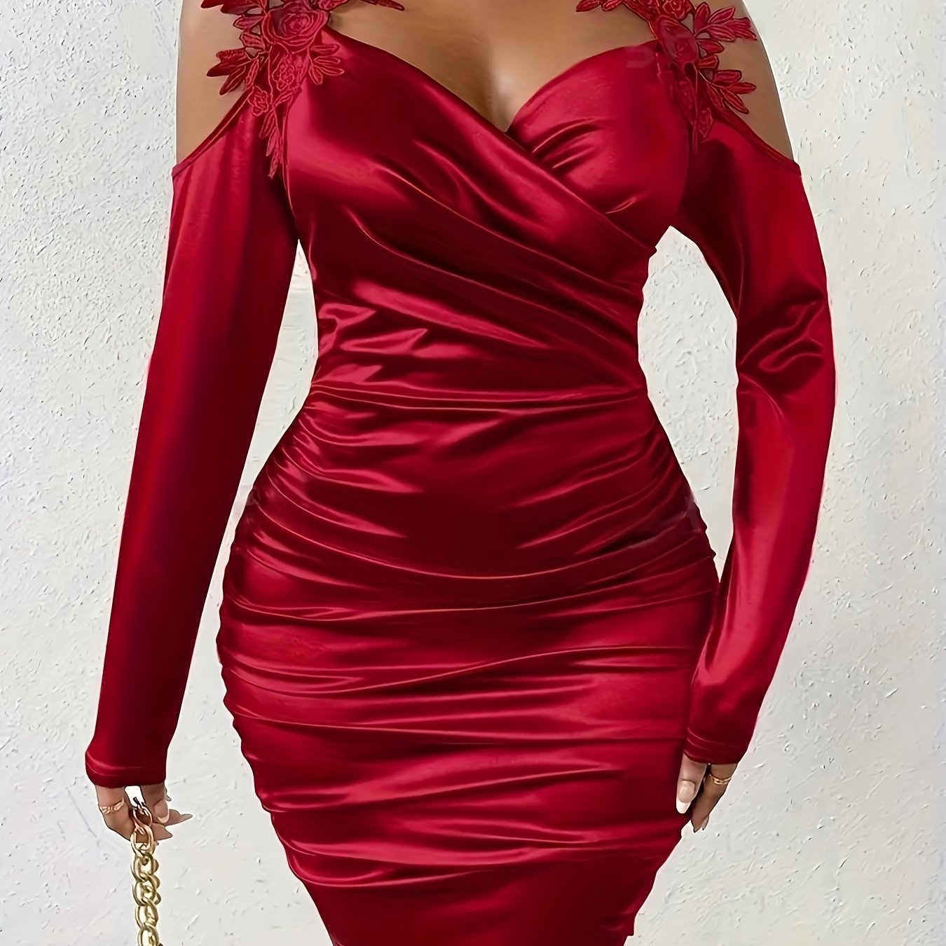 Floral Applique Cold Shoulder Dress, Elegant Long Sleeve Bodycon Dress for Party & Banquet, Women's Clothing