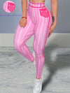 Daerling Women's Fashion Leggings - Elegant Pink & White Striped Print, High-Waisted, Stretchy Polyester Blend with Elastic Detail, Machine Washable - Slimming Effect for All Seasons, Bottoming