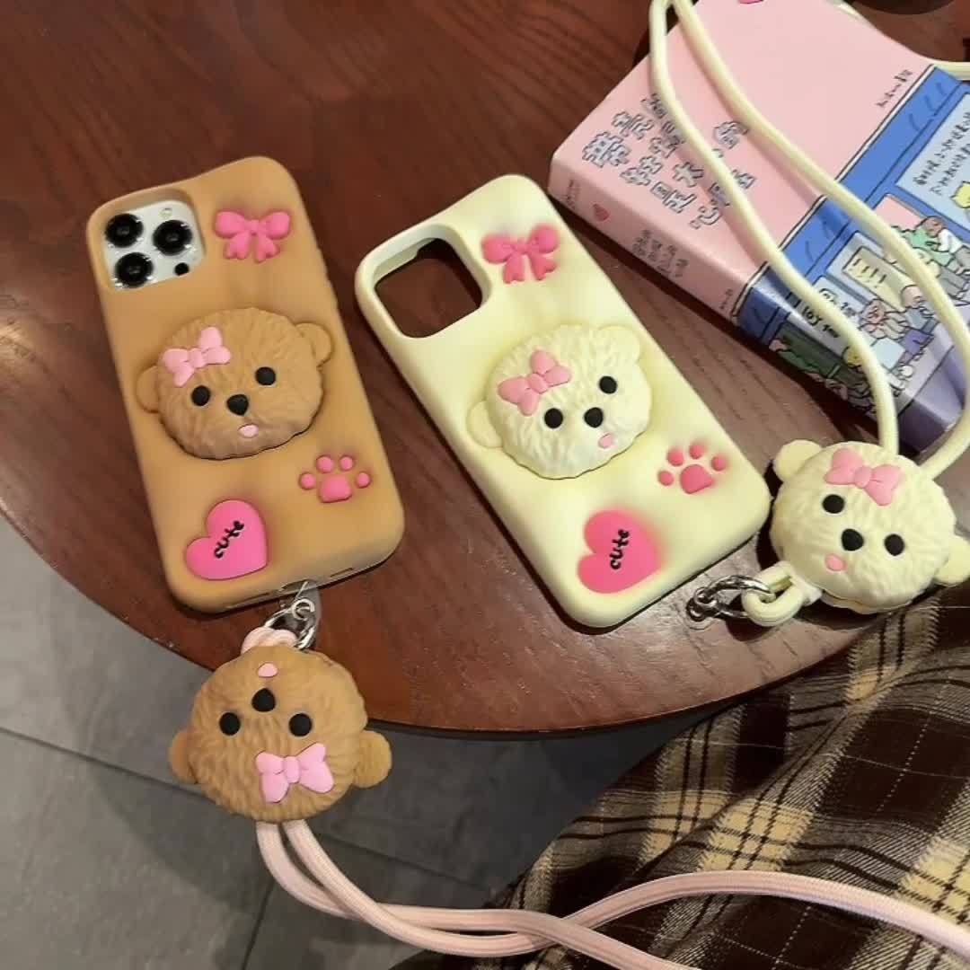 3D Teddy Dog Phone Case with Extendable Holder, Silicone Shockproof Protective Cover with Sculpture Design, Air Cushion Drop Protection, Compatible with iPhone 11 12 13 14 15 Pro Max Plus - Ideal for Easter, Valentine's Day,
