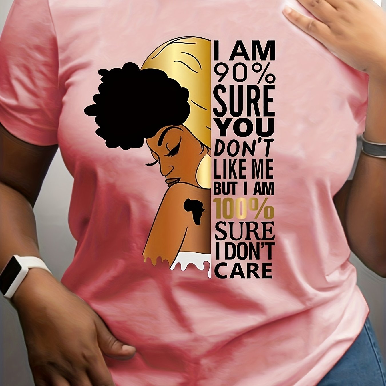 Women's Purple "I Don't Care" Empowerment Print T-Shirt - 100% Positive Affirmation Short Sleeve Top with Golden Accents, Round Neck Casual Summer Shirt, Machine Washable & Semi-Sheer for Layering, Everyday Fashion, Fashion S