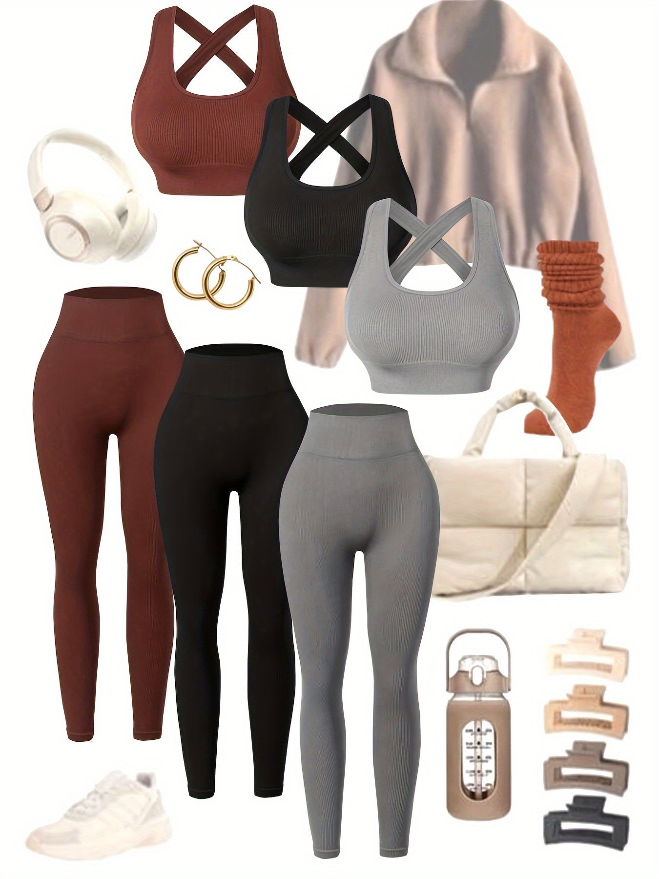 [Seamless Yoga Leggings] 3pack High-Waisted Yoga Leggings Set - Seamless, Breathable, All-Season - With Built-In Bra