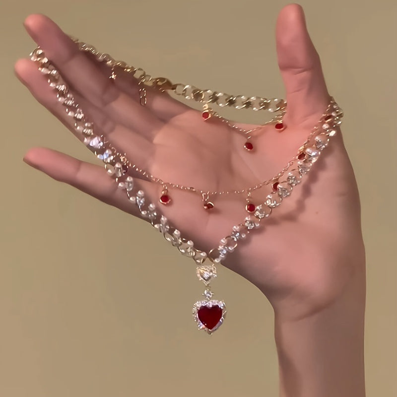 Elegant double red Zircon Love Pendant Necklace - Ladies Luxury alloy collar chain