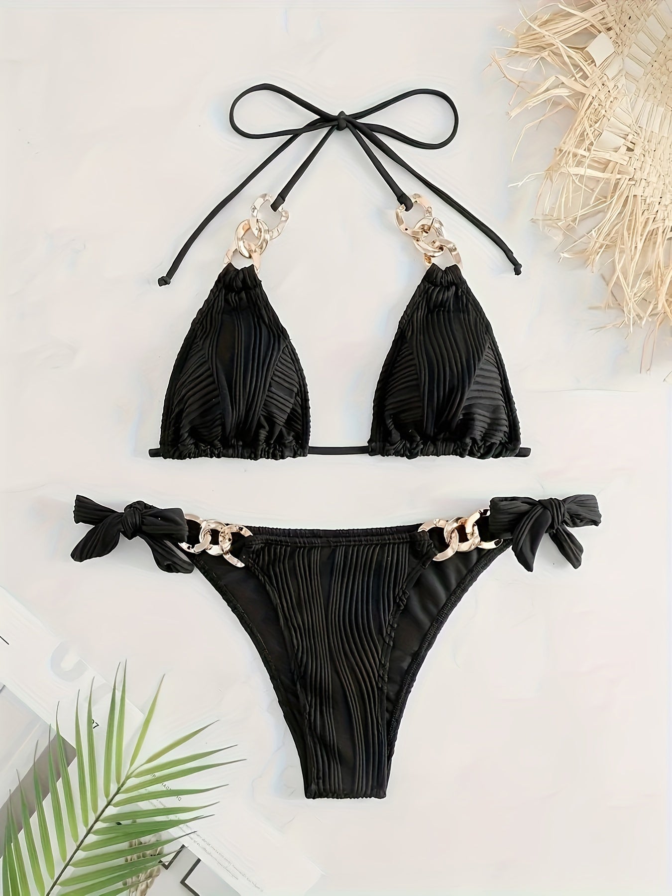 Golden Chain Link Charming Halter Neck 2pcs Bikini Set with Bow Side Triangle Tie-Neck Swimsuit, Women's Swimwear and Apparel