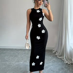 Elegant Sleeveless Bodycon Dress with Floral Accents, Polyester 97% Elastane 3%, Crew Neck, Solid Color, Summer Knit Fabric for Adults