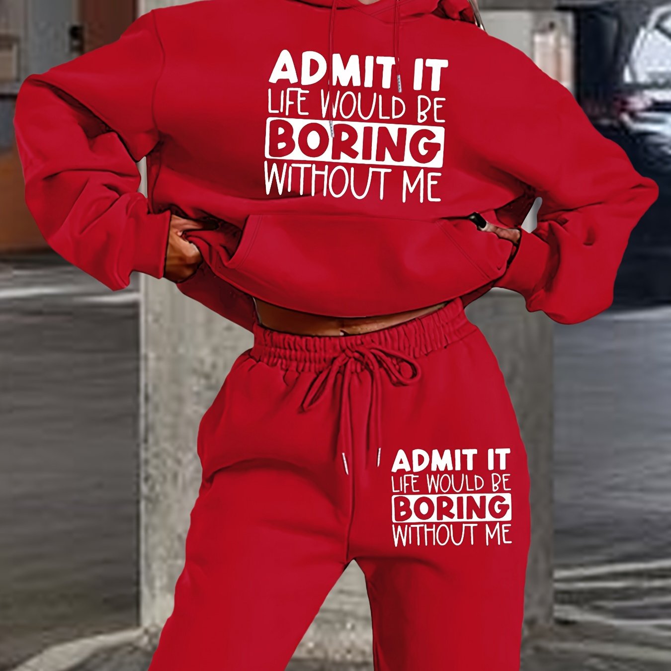 Women's Casual Hoodie & Jogger Set - Letter Print, Long Sleeve with Pockets, Polyester Blend, Machine Washable - Perfect for Fall/Winter