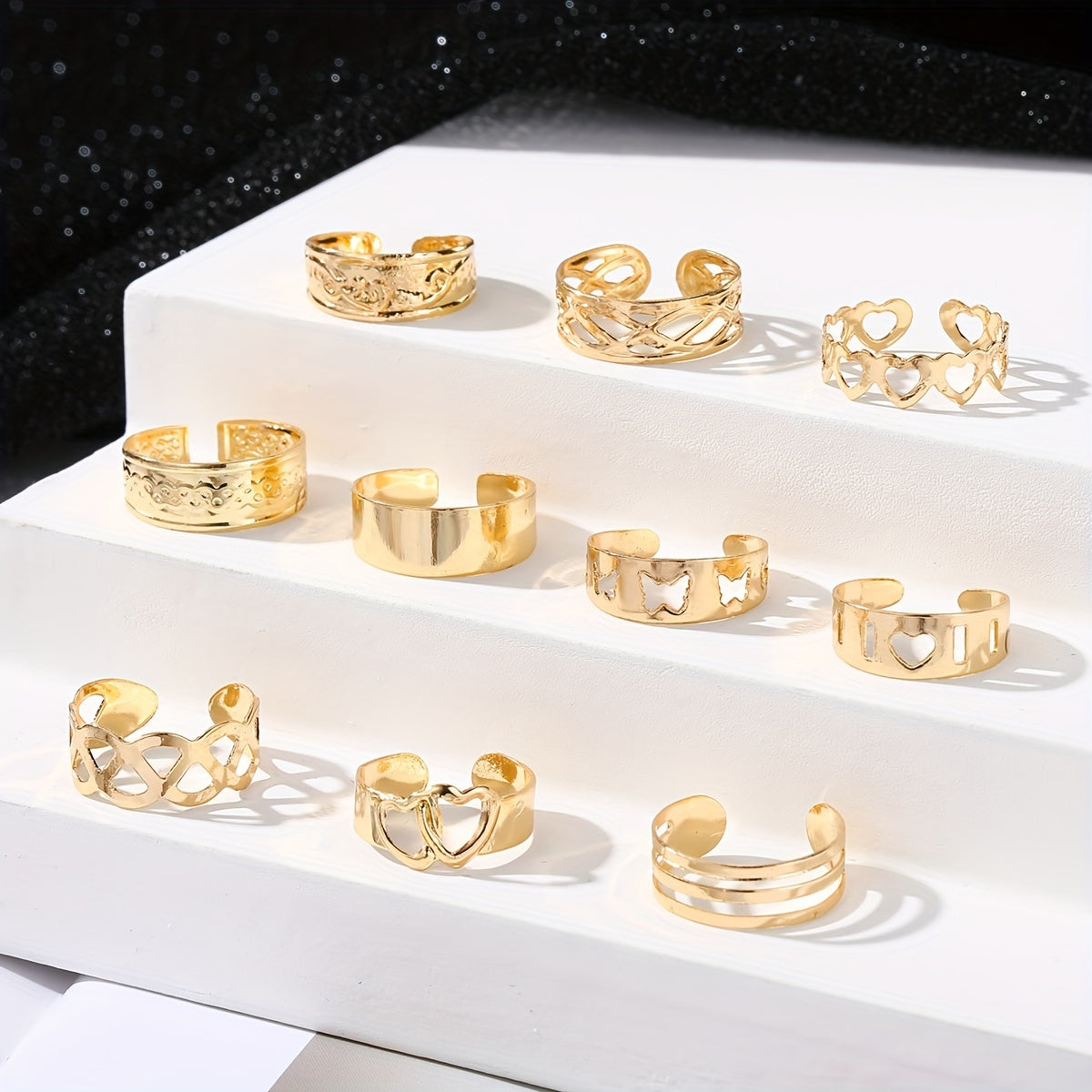 [10 Golden Rings Geometric Heart] Set Of 10 Golden Rings With Hollowed-out Heart And Geometric Patterns, Multiple Pieces Of Summer Toe Rings