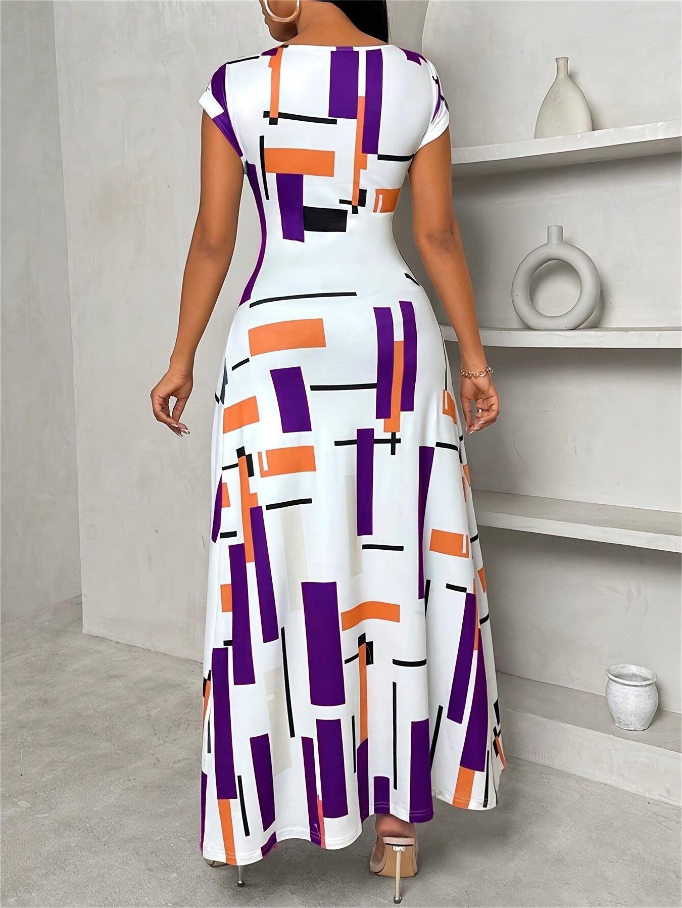 Women'S Geometric Print Round Neck Short Sleeve Casual T-shirt With Side Slit Hem Long Top, Spring/summer Women'S Wear