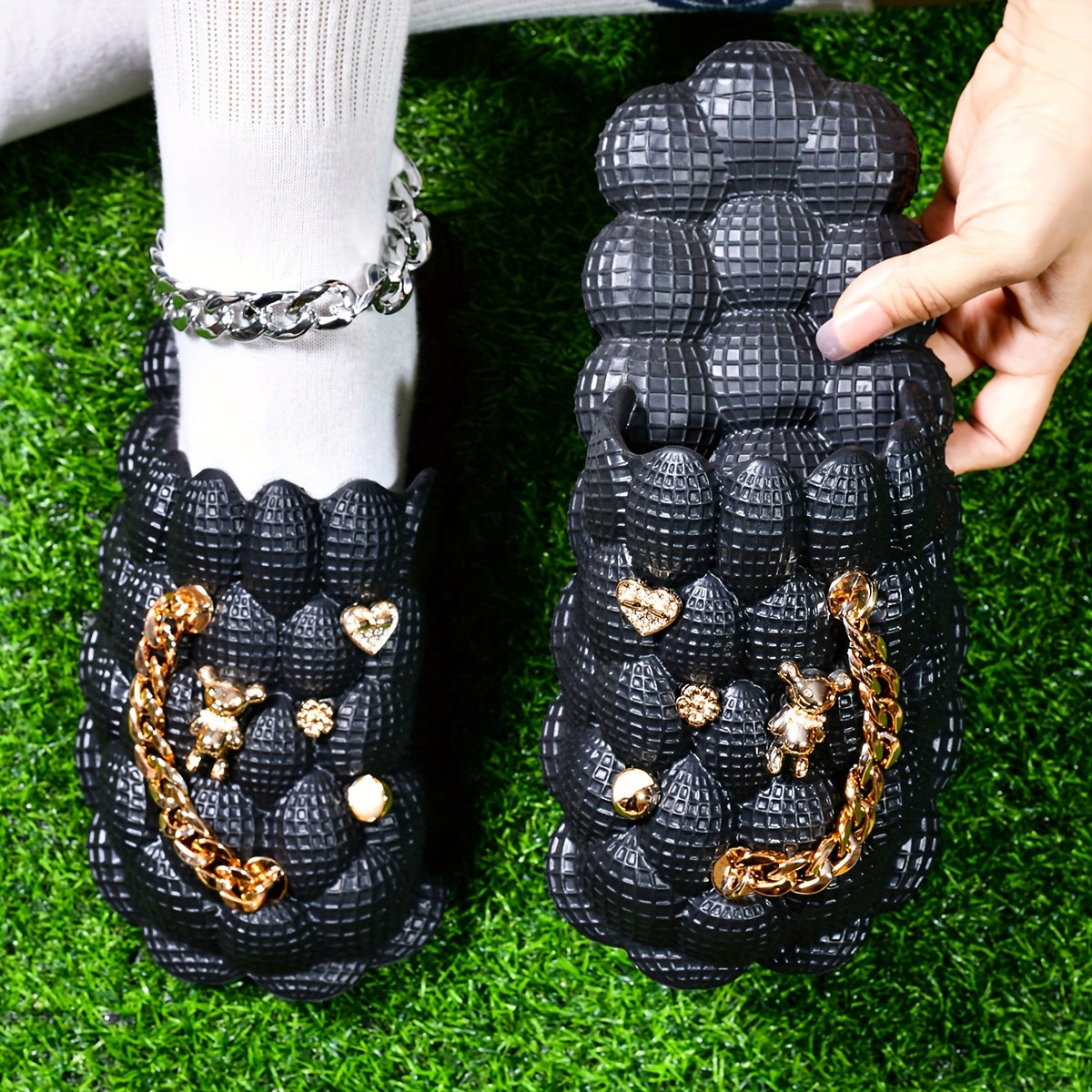 Women's Fashion Trendy Bubble Slippers With Golden Chain, Soft Comfortable Bottom Outdoor Slippers