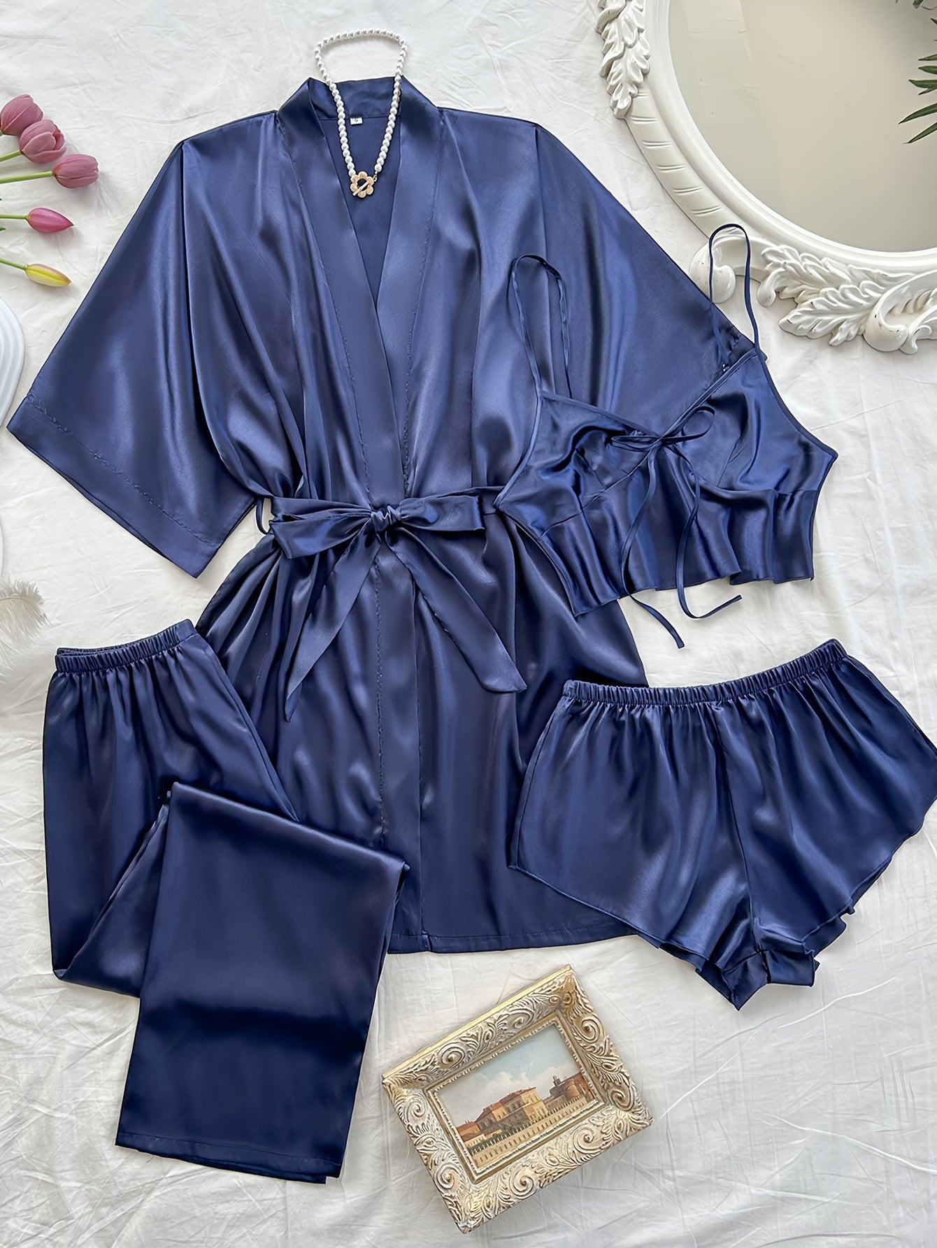 Women'S V-Neck Sexy Comfortable Robe Set with Mini Spaghetti Strap Shorts and Long Pants, Four Pieces
