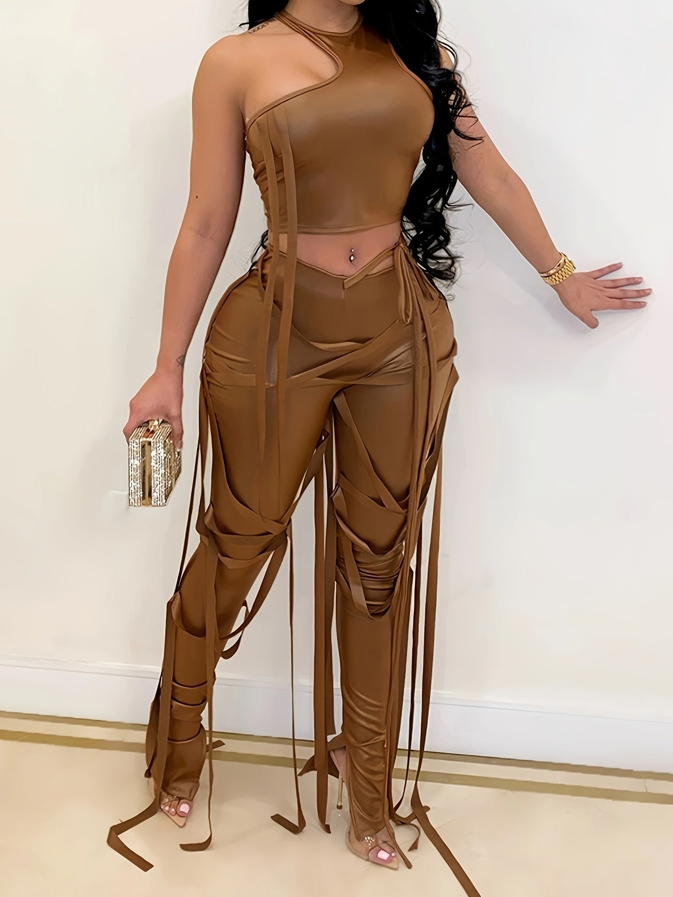 Chic Solid Two-piece Outfit Set - Trendy Asymmetrical Sleeveless Top & Slim-Fit Pants - Flattering Womens Wardrobe Essential
