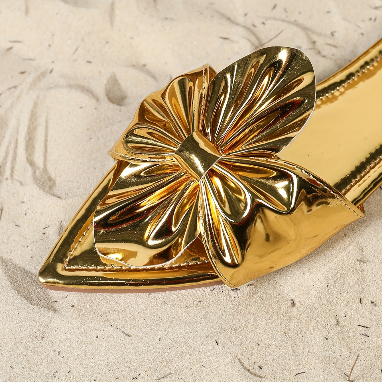 Women'S Golden Pointed Toe Mules with Bow Detail - Slip-On Flat Sandals, Synthetic Upper, TPR Sole, All-Season Comfort Shoes, Fashionable Footwear|Elegant Footwear|Synthetic Sandals
