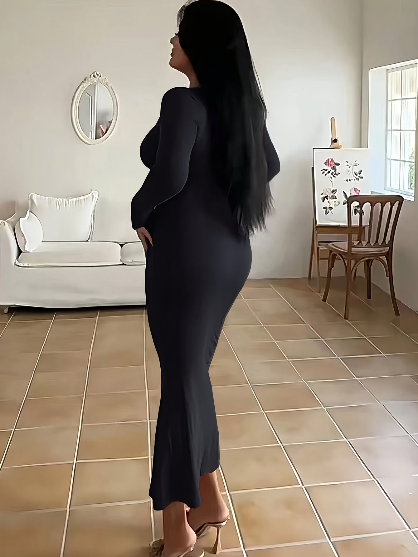 [Sexy Autumn Dress] Ultra-Long Women's Autumn Dress - Form-Fitting, A-Line Silhouette, Long Sleeves, Square Neckline, And a Sexy, Tailored Fit