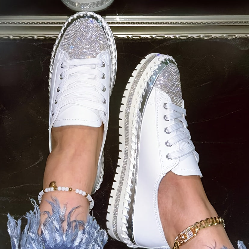 Glittering Rhinestone Women's Sneakers, Fashionable Platform Casual Shoes, Comfortable Versatile White Lace-up Flats Plus Size