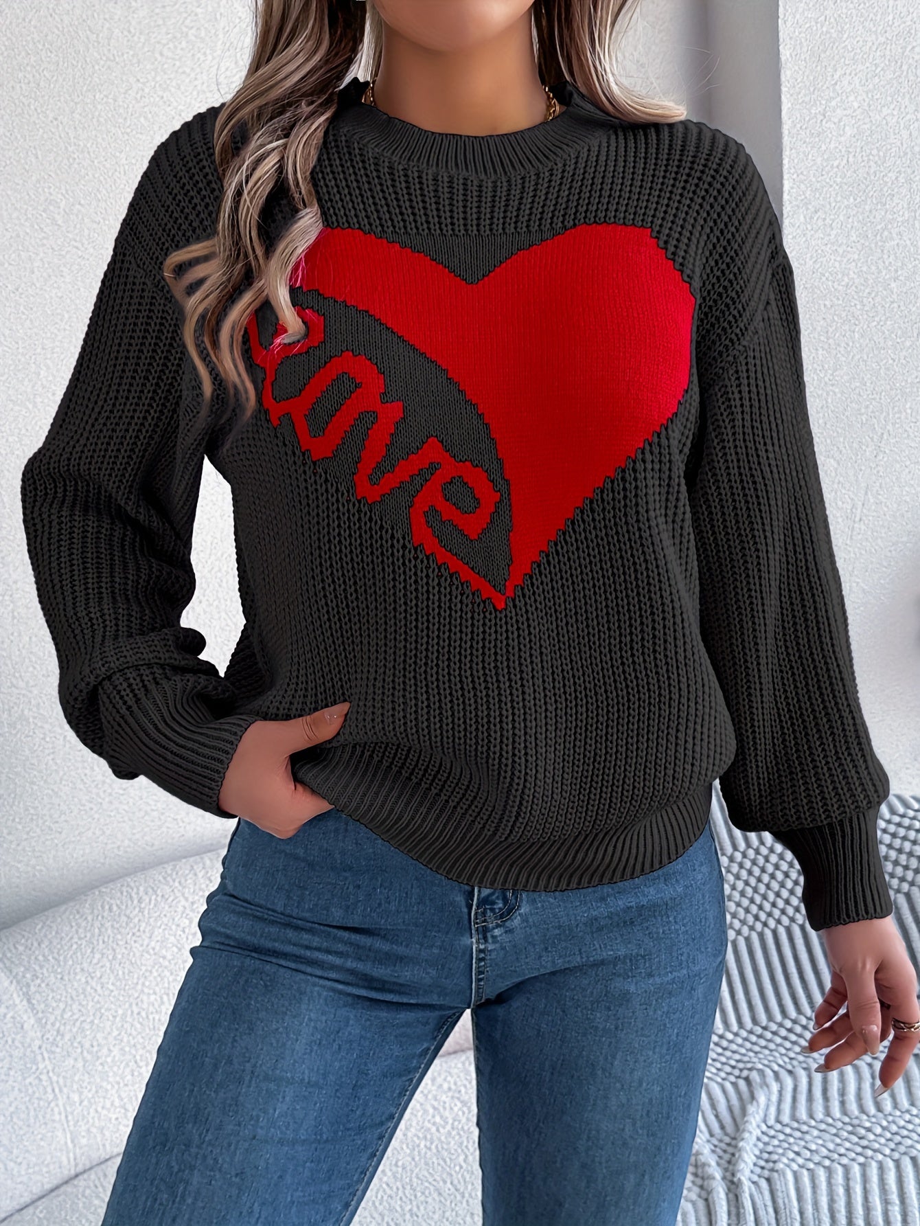Cozy Love Heart Long Sleeve Pullover Sweater - Casual Vacation Style, 100% Acrylic, Round Neck, Non-Transparent with Geometric/Letter Pattern, Perfect for Fall/Winter