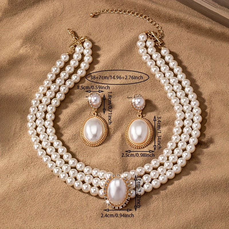 Elegant Pearl Necklace and Earring Set for Women - Vintage Style, Faux Pearl Multi-Strand Design, Ideal for Parties and Daily Wear, Pearl Earrings