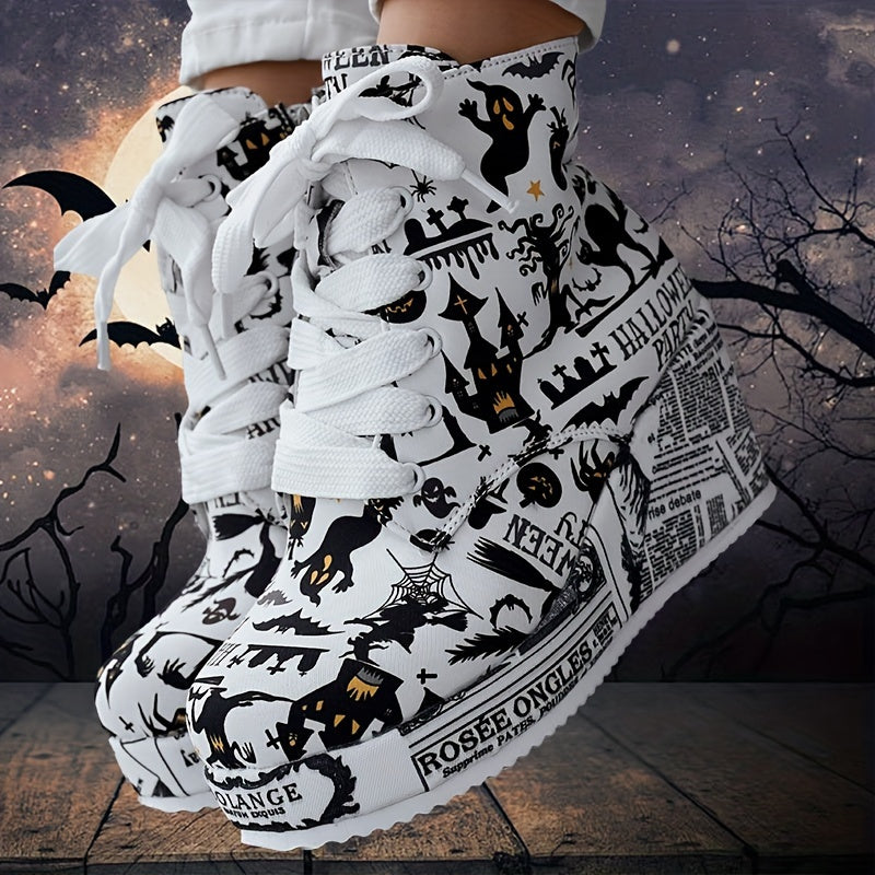 Women's Halloween Theme Boots, Lace Up Platform Lace Up Walking Shoes, High-top Wedge Winter Boots