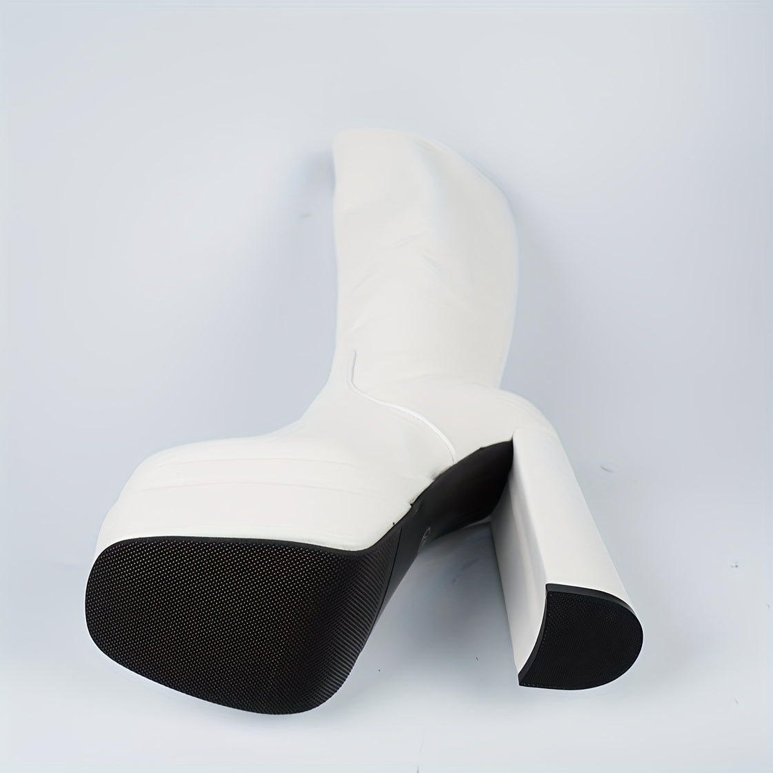European And American Trendy Square-Toed Knee-High Boots for Women, Platform in White, Plus Size Footwear.