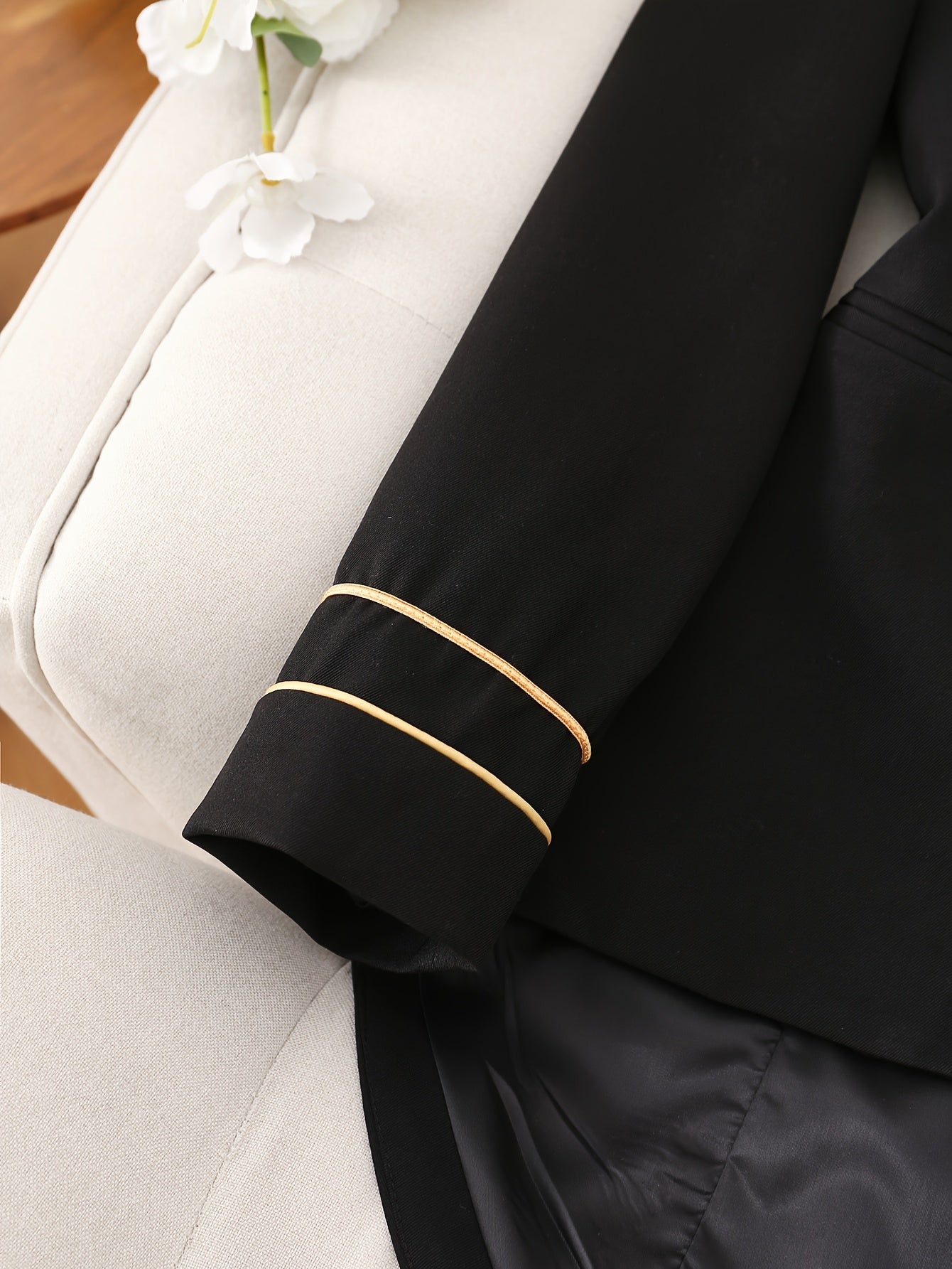 Elegant Black Double-Breasted Blazer with Golden Buttons - Stylish Ruffled White Collar, Long Sleeves, Polyester Fabric, Perfect for Spring/Fall, Formal Attire|Classic Blazer|Polyester Blazer