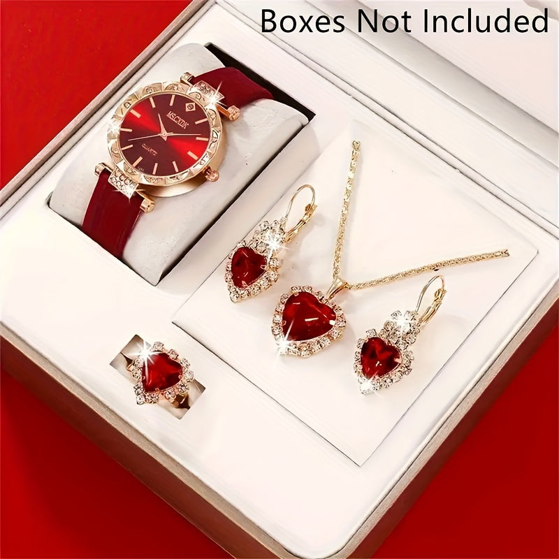 Fashionable 5-Piece Ladies Quartz Wrist Watch Set with Heart Jewelry - Round Red Dial PU Leather Band Zinc Alloy Case Non- Analog Watches with Matching Necklace, Ring, and Earrings