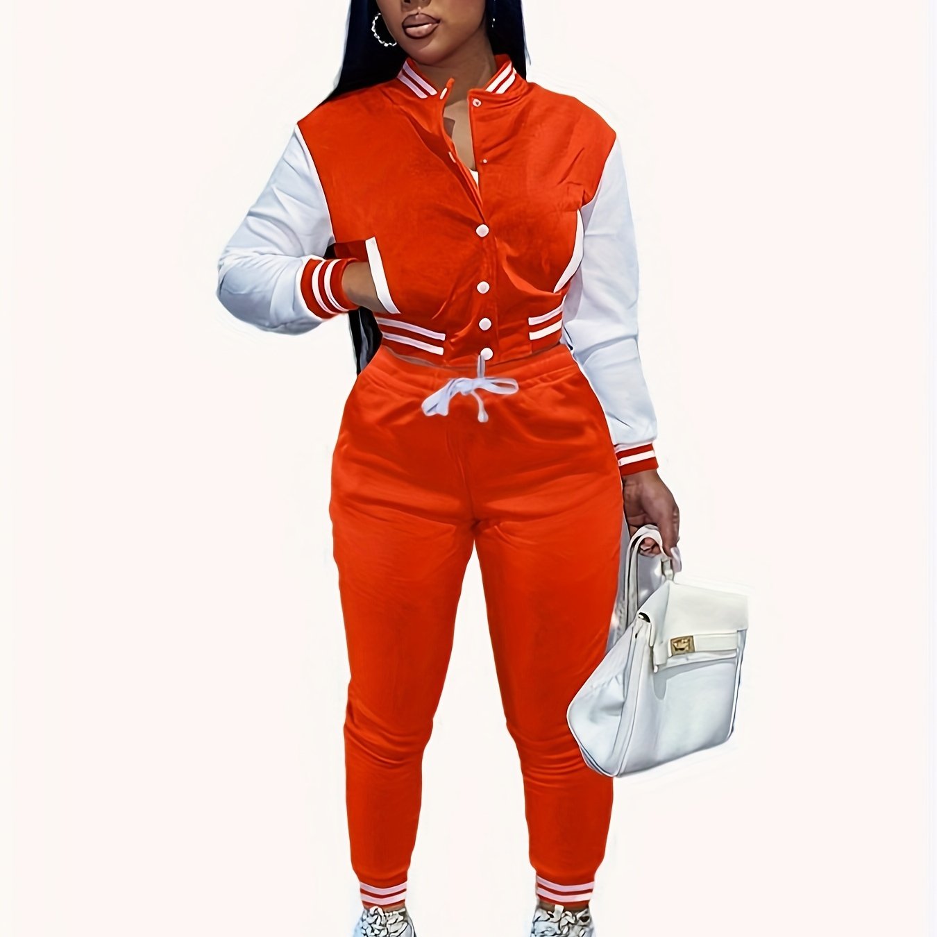 Casual Two-piece Set, Button Front Bomber Jacket & Drawstring Pants Outfits, Women's Clothing